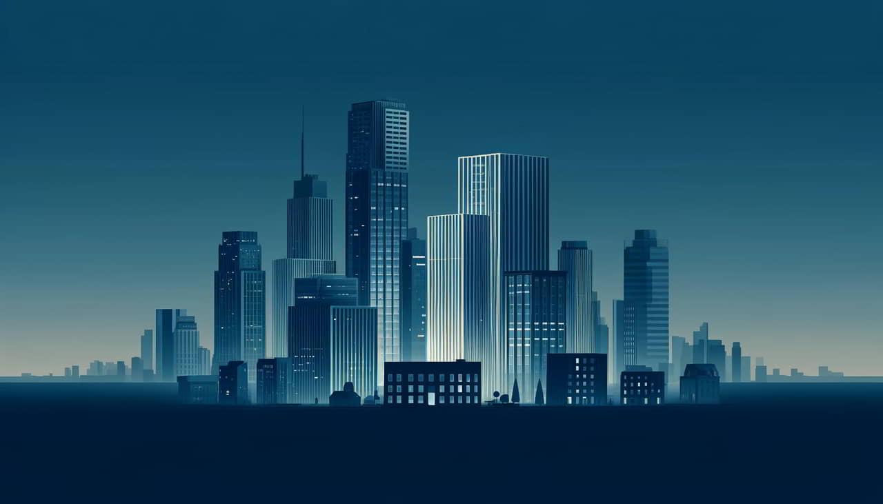 A minimalist cityscape at twilight featuring a series of skyscrapers under a clear sky. One skyscraper is dimmed to symbolize foreclosure, with buildings in various shades of muted blue to convey a professional and somber tone.
