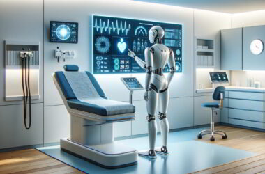 A photorealistic image of a modern medical examination room featuring a sleek, humanoid robot interacting with high-tech medical equipment. The robot, with a smooth, metallic surface, is focused on a digital screen displaying health diagnostics. The setting is minimalistic, clean, and illuminated by natural light, conveying a futuristic and professional atmosphere.