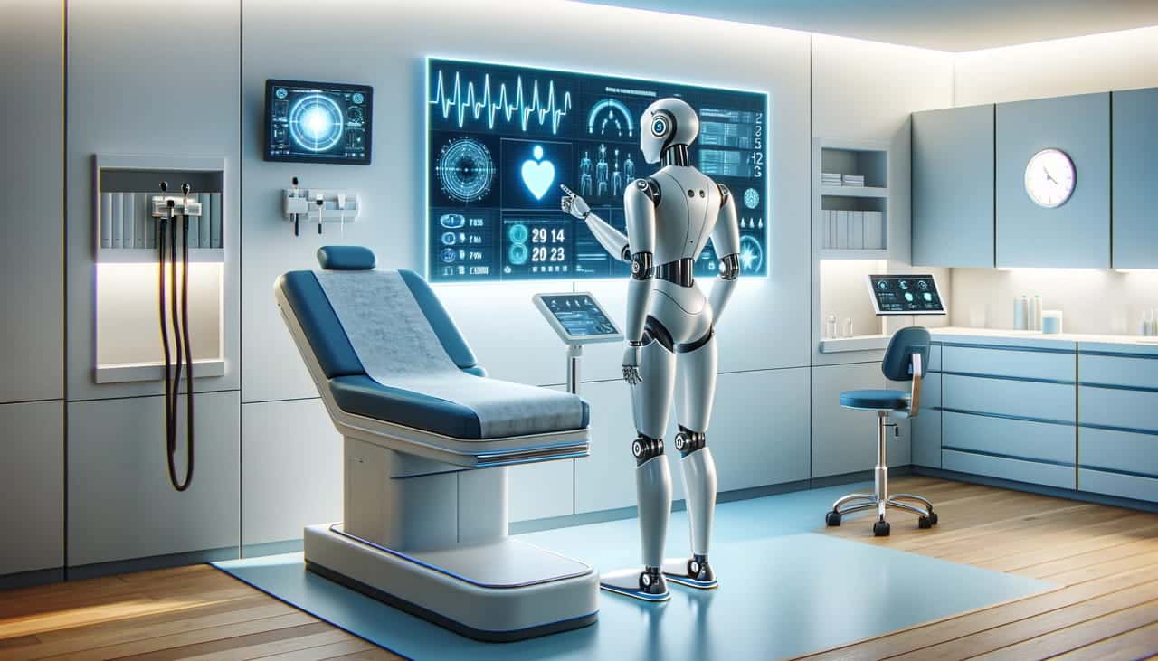 A photorealistic image of a modern medical examination room featuring a sleek, humanoid robot interacting with high-tech medical equipment. The robot, with a smooth, metallic surface, is focused on a digital screen displaying health diagnostics. The setting is minimalistic, clean, and illuminated by natural light, conveying a futuristic and professional atmosphere.