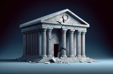 A wide image of a large classical bank building with visible cracks and signs of wear against a dark blue background, symbolizing financial instability and bank failures.