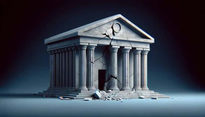 A wide image of a large classical bank building with visible cracks and signs of wear against a dark blue background, symbolizing financial instability and bank failures.