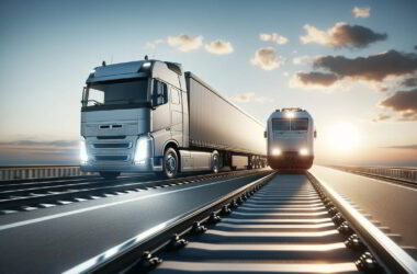 A photorealistic image showing a dynamic scene with a truck moving left and a train moving right on parallel paths. Both are set against a clear sky, emphasizing the theme of freight and logistics transportation in a minimalist style.