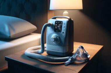 image of a CPAP machine set in a bedroom environment.