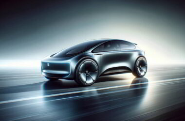 A sleek, futuristic electric vehicle in motion, depicted in a dynamic, slightly angled position. The vehicle is designed with smooth lines and a modern aesthetic, emphasizing its autonomous nature. The background features a subtle gradient, enhancing the innovative theme of the image.