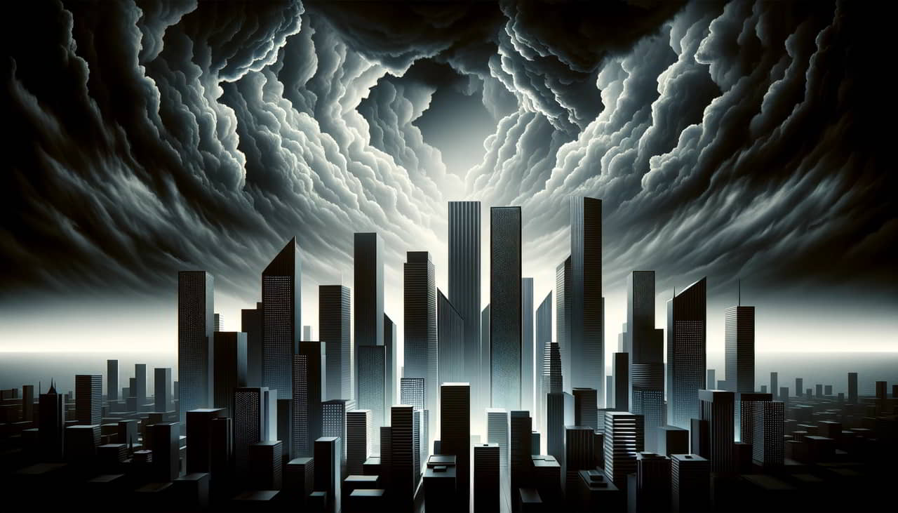 A minimalist image showing dark storm clouds looming over a financial district. The skyscrapers are rendered in shades of dark gray and black, enhancing the ominous and stormy atmosphere. This scene symbolizes the turbulent economic conditions brought about by rising inflation and ballooning deficits.