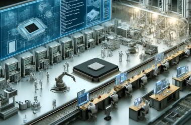 image depicting the development and supply chain for integrated circuits and system software. It shows a high-tech facility with different stages of the process, including circuit design, assembly, and software programming.