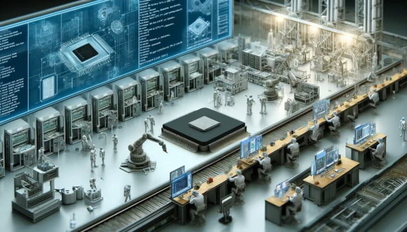 image depicting the development and supply chain for integrated circuits and system software. It shows a high-tech facility with different stages of the process, including circuit design, assembly, and software programming.