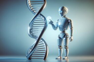 The image displays a sleek, modern robot with human-like features standing next to a large DNA helix. The robot is interacting gently with the DNA, symbolizing its role in medical advancements. The background is a soft, muted blue, emphasizing a clinical and innovative environment.