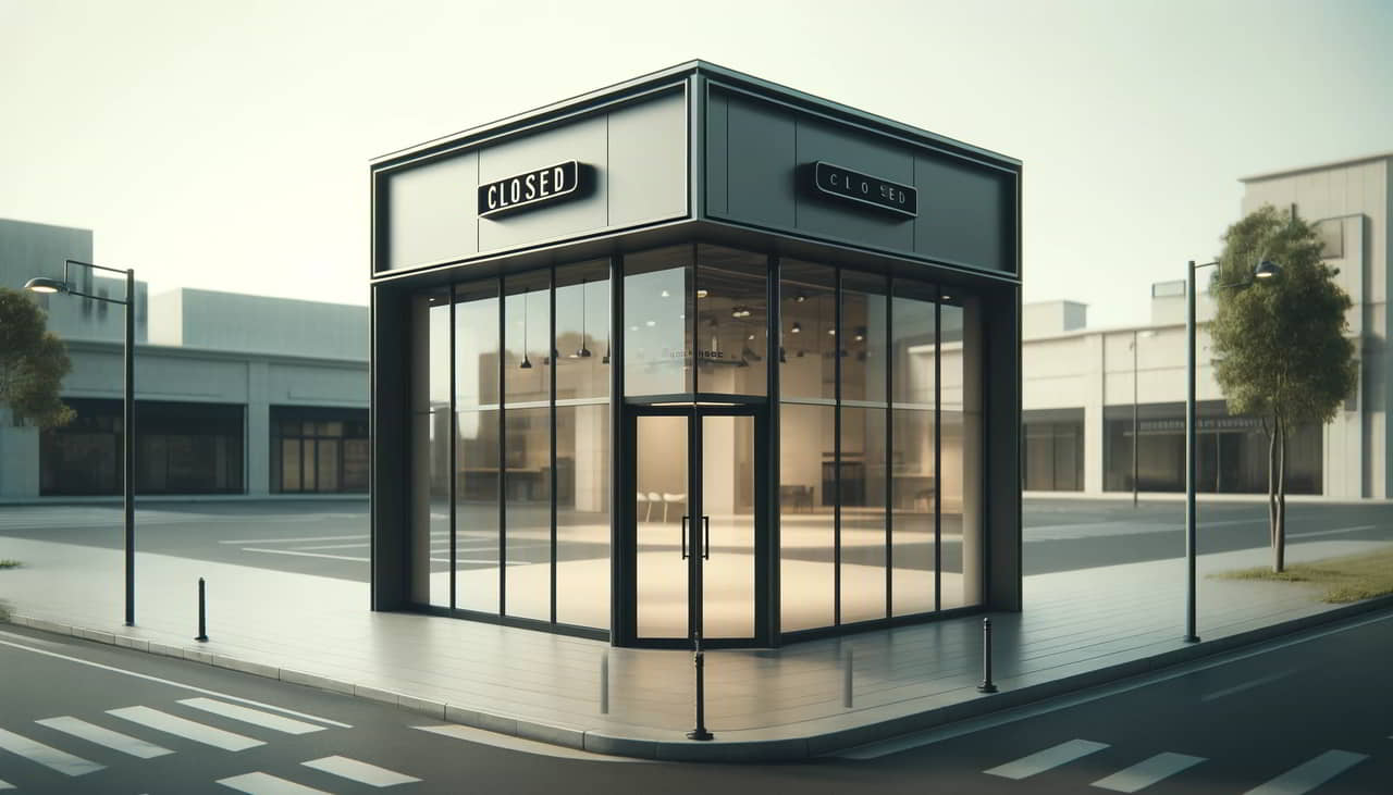 A realistic wide-angle image of a large, empty storefront with a "Closed" sign on the door. The store features modern architecture with large glass windows and a minimalist design. The background depicts a deserted, quiet street, enhancing the theme of closure and quietude in retail.