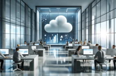 image depicting a cloud SaaS provider office scene. It features a modern office with a virtual cloud visible through large windows, symbolizing cloud services, and employees working on computers showing graphs and digital data.