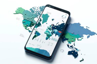 A wide image featuring a minimalist world map with highlighted regions including Latin America, the Middle East, Canada, India, Spain, and Turkey in shades of blue and green. A modern, sleek smartphone is centrally overlaid on the map, displaying a graph. The background is plain white to emphasize the smartphone and the highlighted regions.