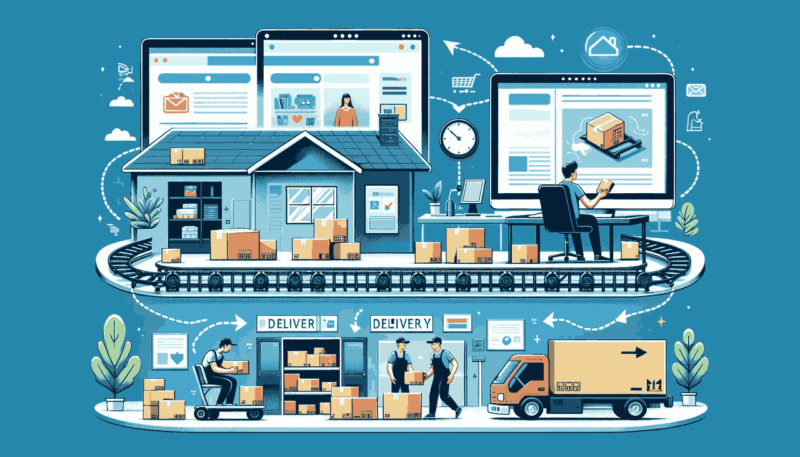 image showing the process from someone ordering online, through the fulfillment at a center, to the delivery at their doorstep.